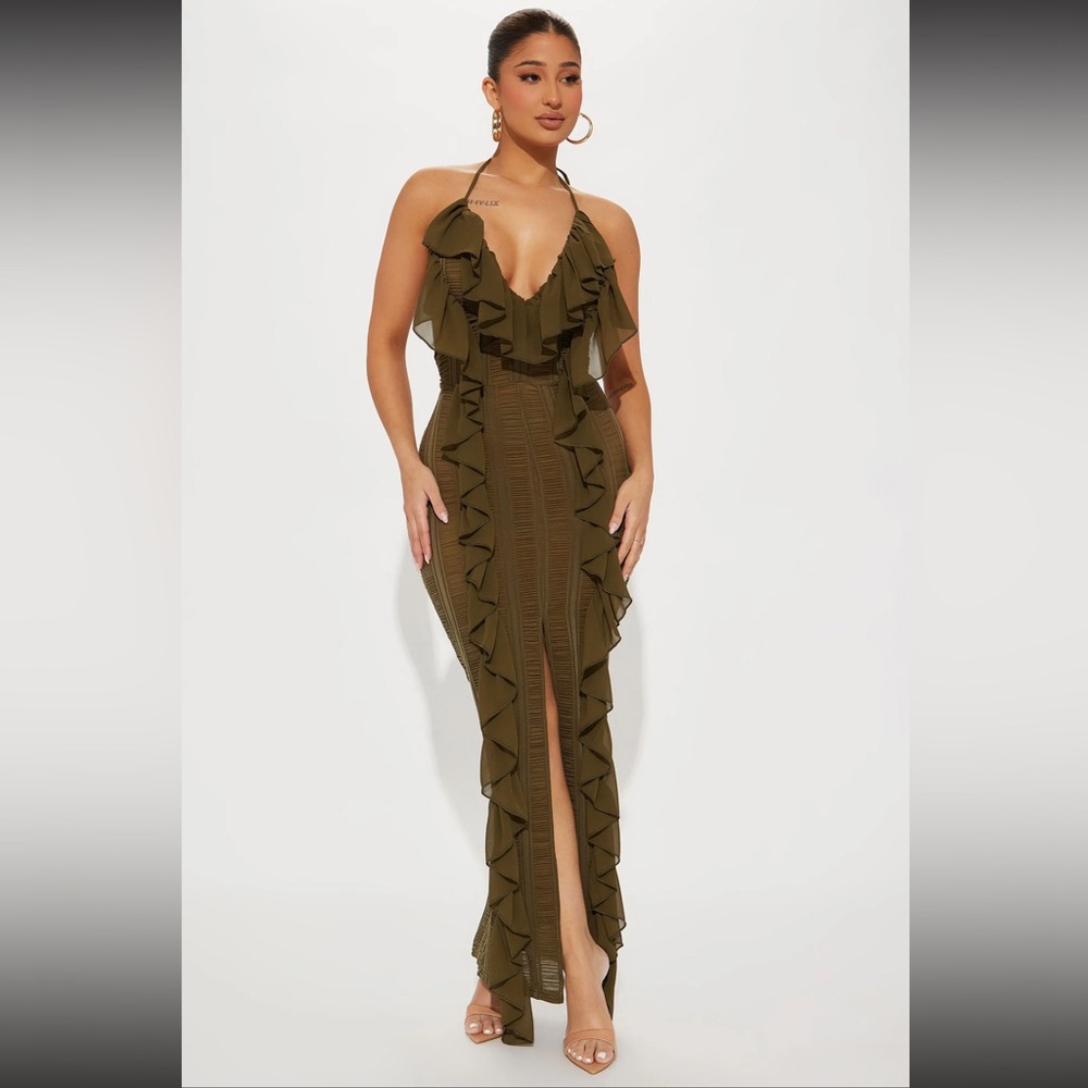 Devine Ruffle Maxi Dress - Olive Fashionnova
